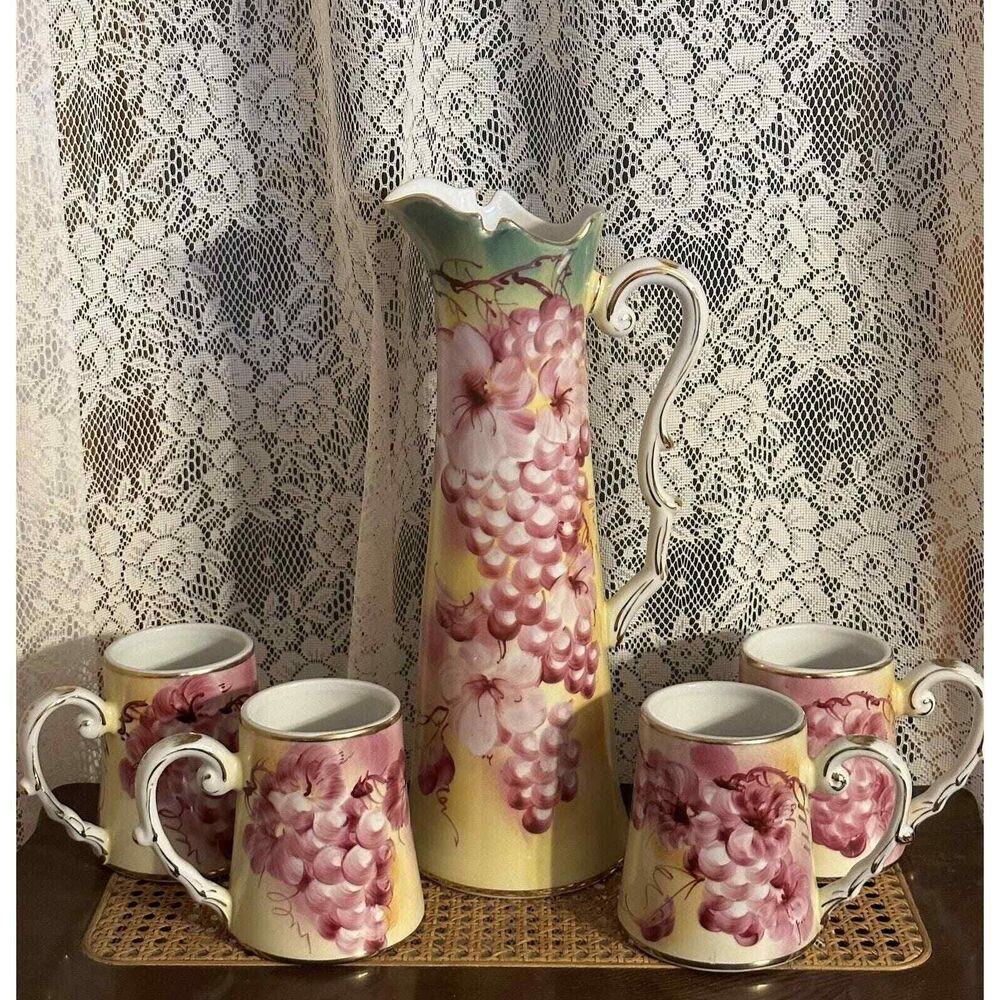 Pitcher Tankard and Mug Set Hand painted Grapes 5 pcs Purple